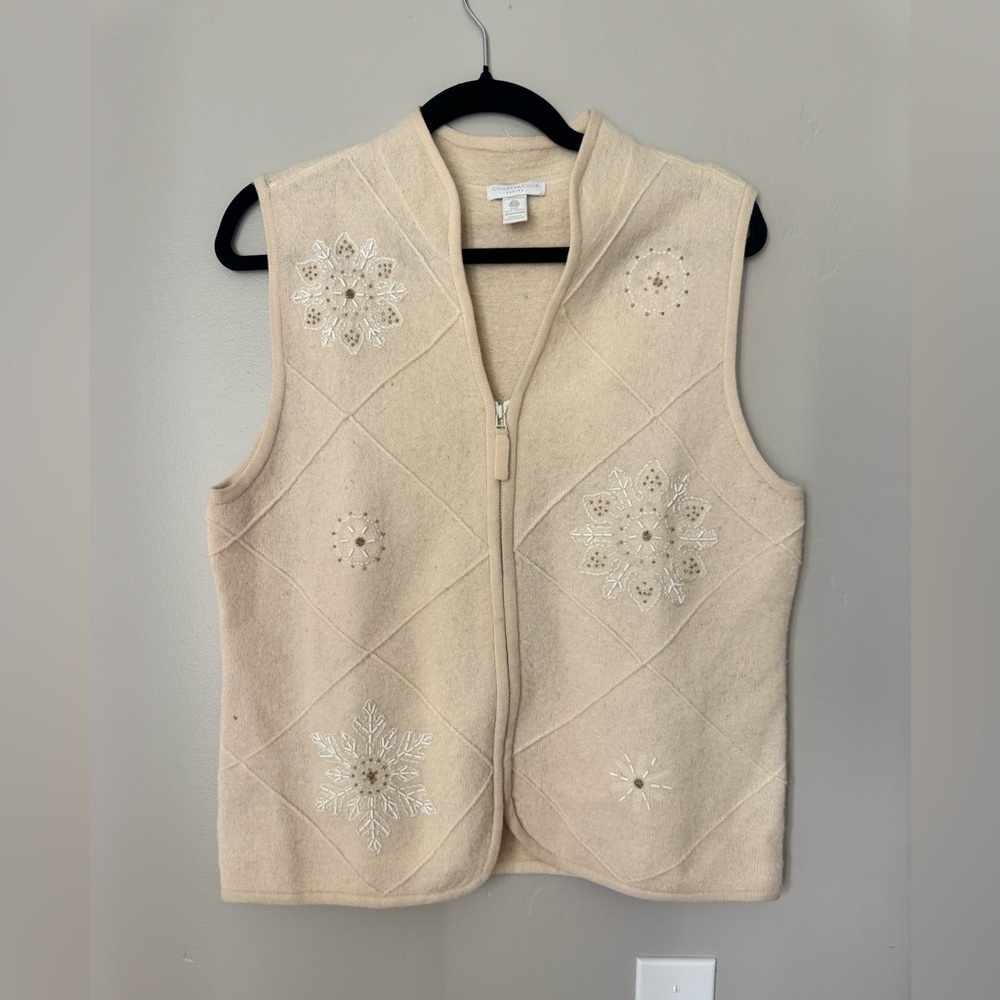 Charter Club Beaded Wool Vest Petite Snowflake Embellished Cottagecore Coquette